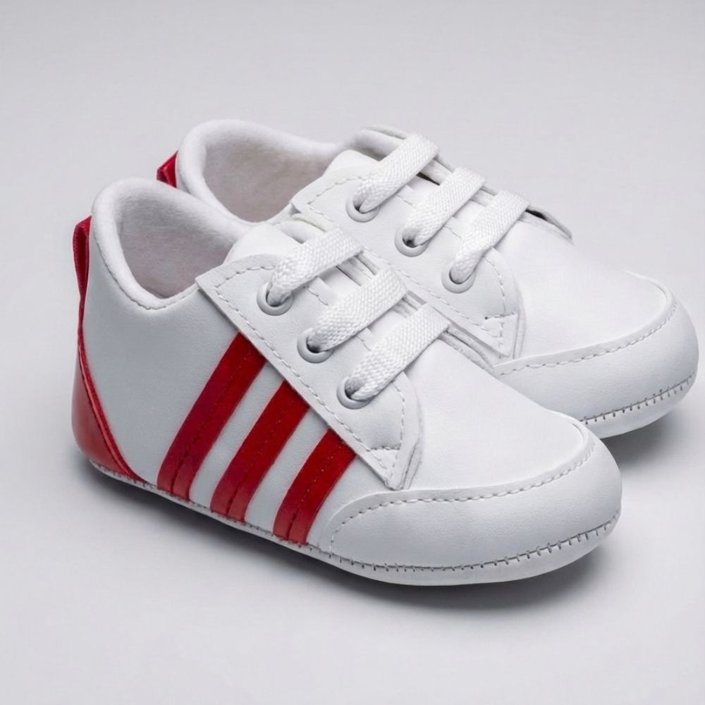 Beyaz Kırmızı Çizgili Çift Cırt Cırtlı Bebek Sneaker - Pufien