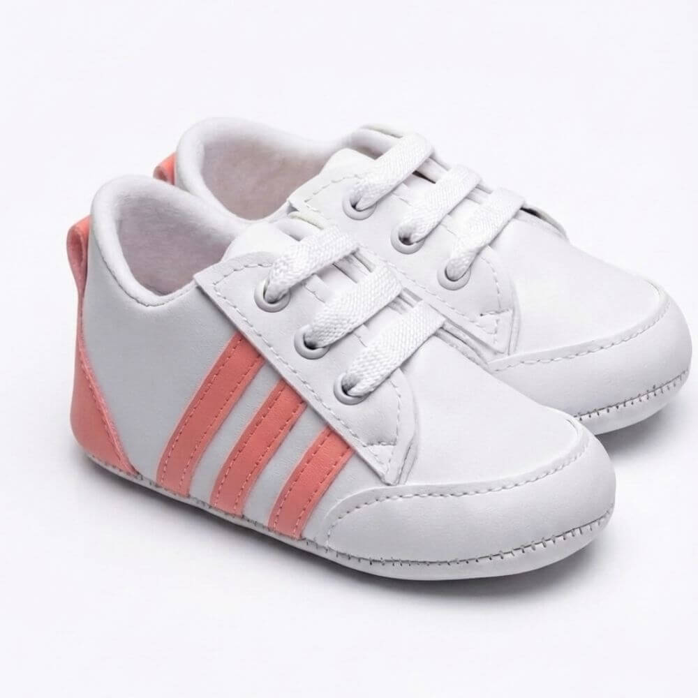 Beyaz Pembe Çizgili Bağcıklı Bebek Sneaker Ayakkabı - Pufien