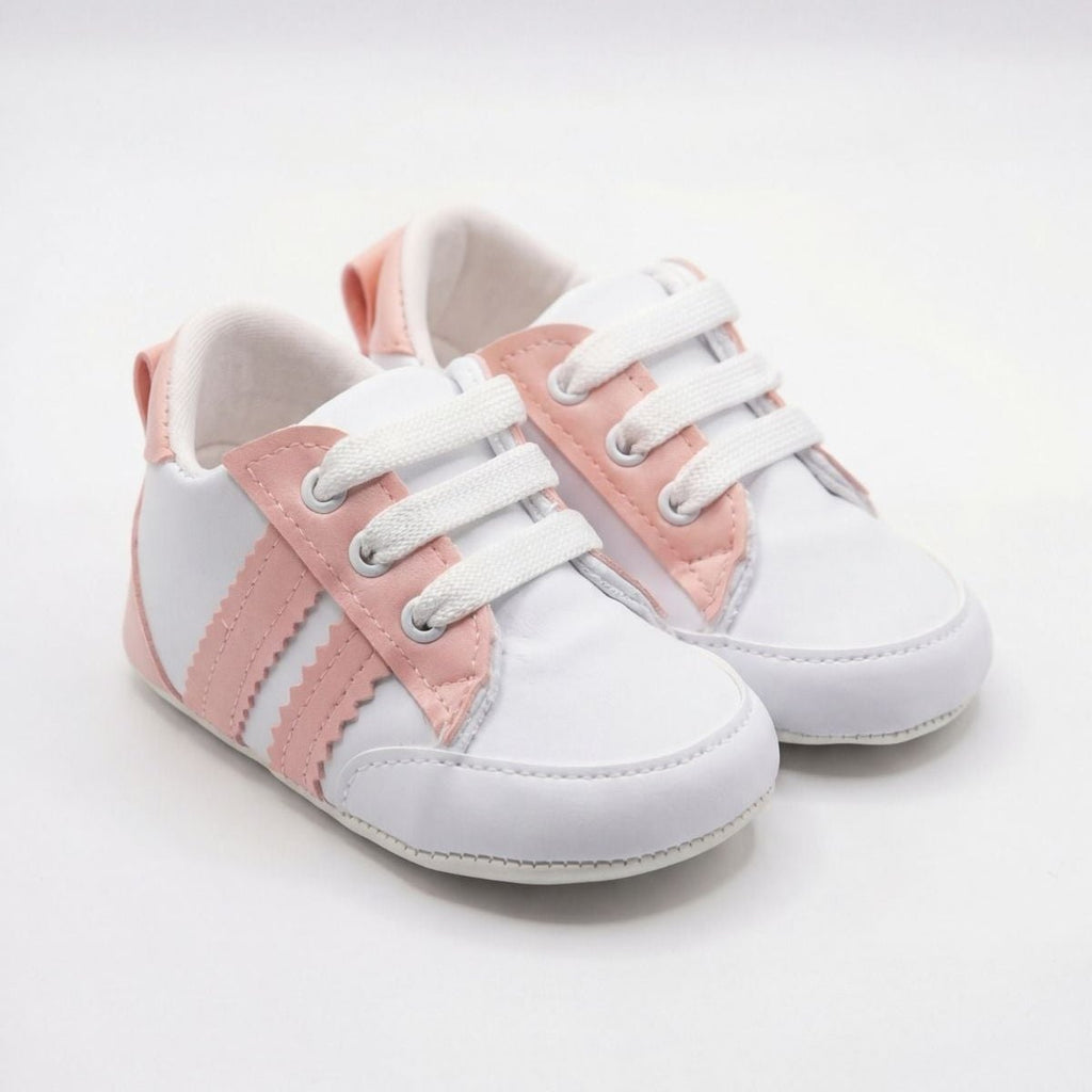 Pembe Beyaz Yeşil Çizgili Bağcıklı Bebek Sneaker Ayakkabı