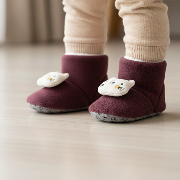 Bordo Zilli Ayıcık Detaylı Kaydırmaz Bebek Ev Botu Bebek Ayağında Kullanım