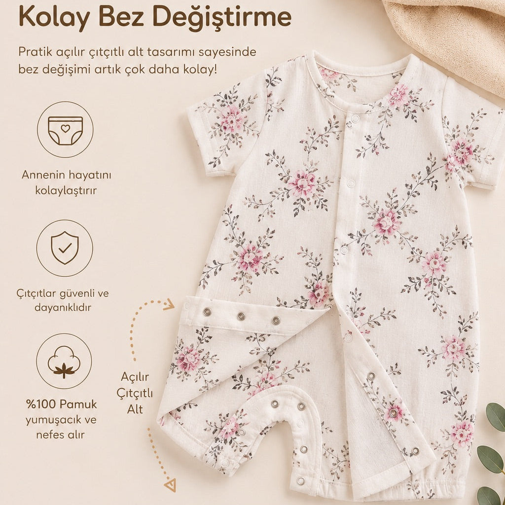 Yazlık Bebek Barbatöz Tulum Gül Desenli 0-9 Ay