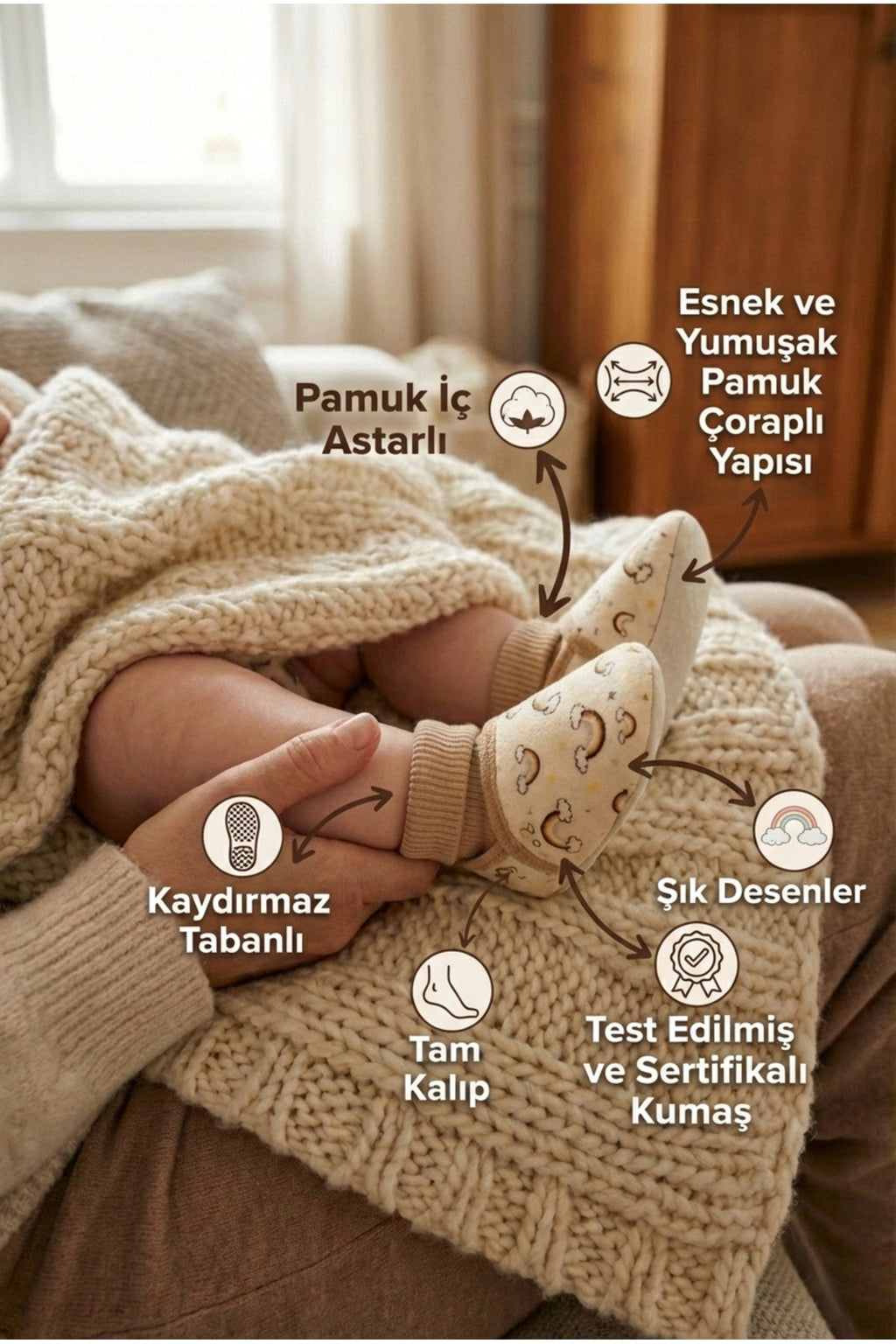 Çoraplı Bebek Patiği, Yumuşak Çoraplı Panduf, Bebek Ev Ayakkabısı, Pamuk Fitilli Çoraplı - PufienPatik