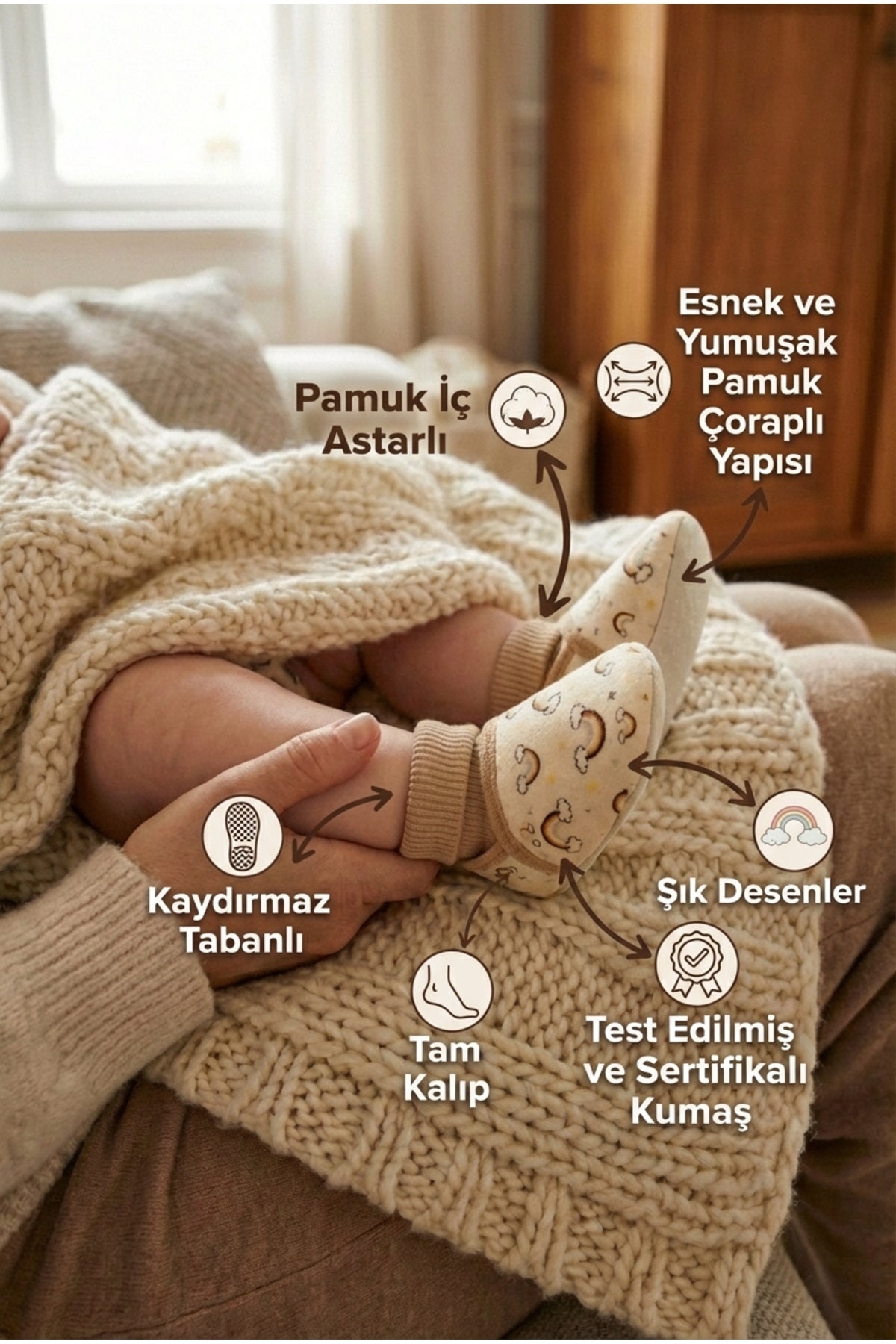 Çoraplı Bebek Patiği, Yumuşak Çoraplı Panduf, Bebek Ev Ayakkabısı, Pamuk Fitilli Çoraplı - PufienPatik