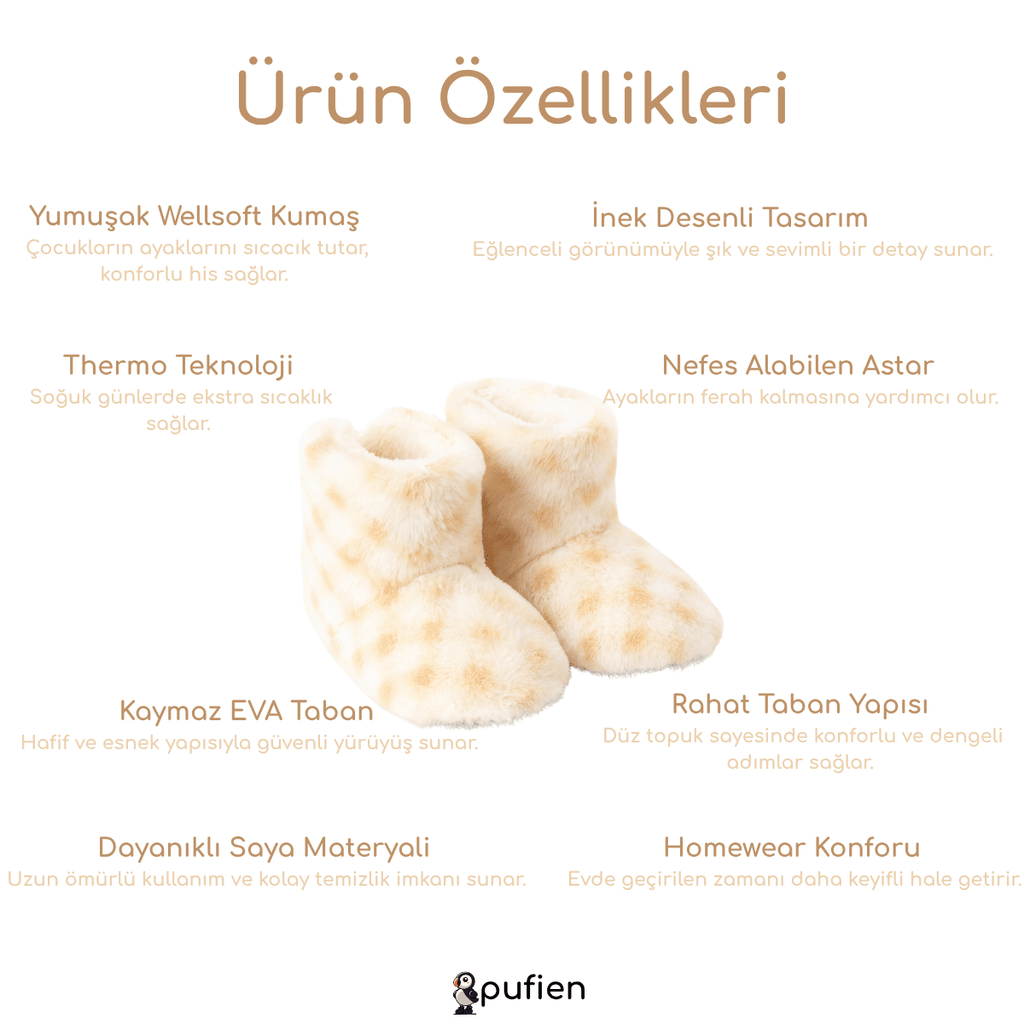 Ekru Dama Desenli Peluş Ev Botu - Pufien