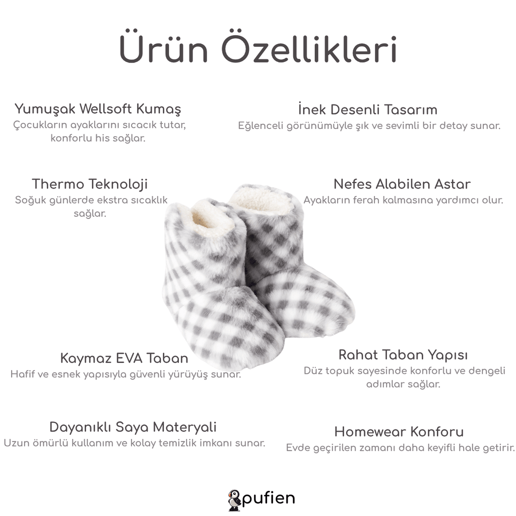 Gri Dama Desenli Peluş Ev Botu - Pufien