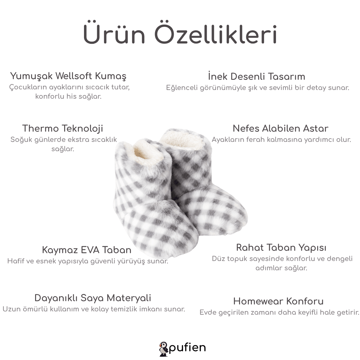 Gri Dama Desenli Peluş Ev Botu - Pufien