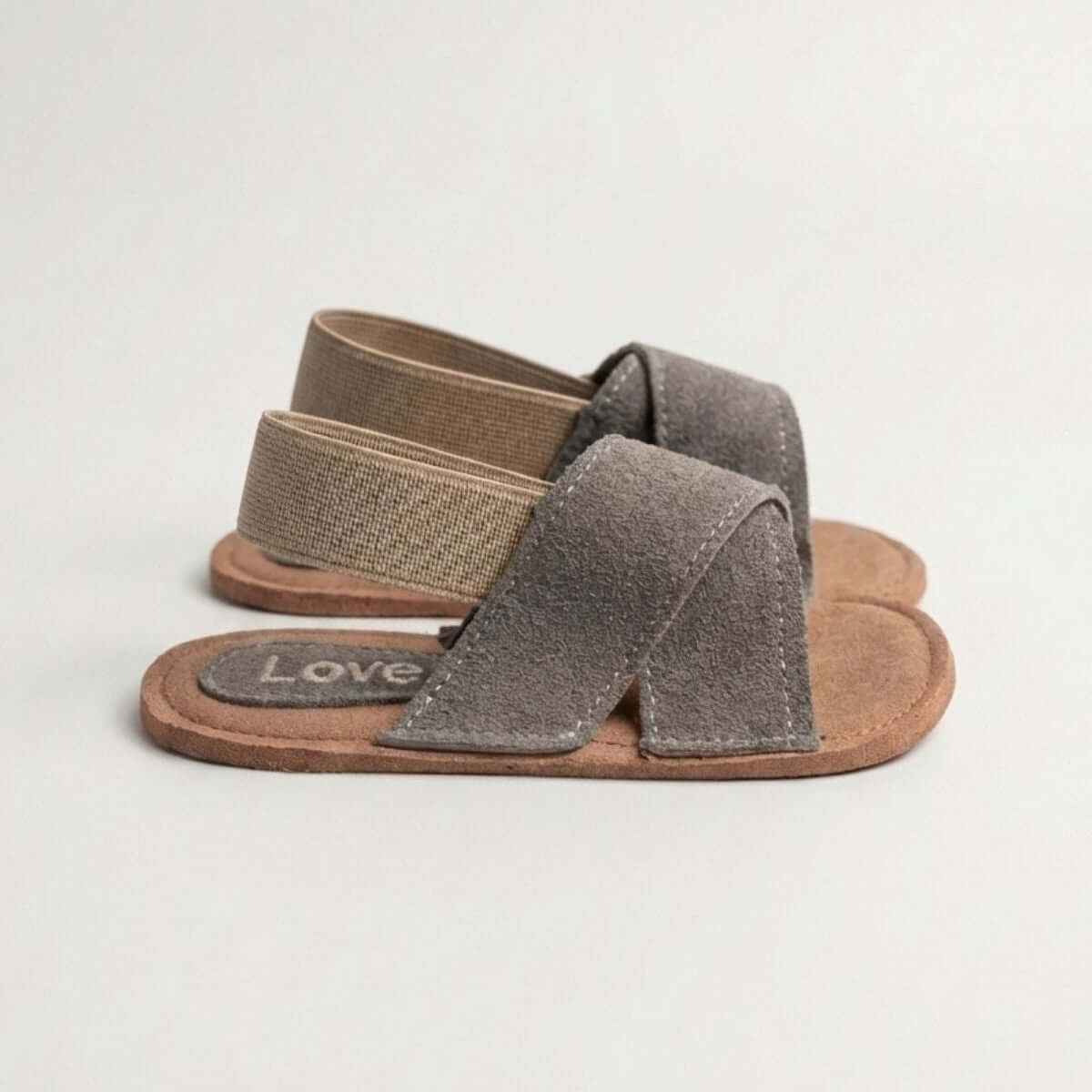 Gri Süet Çapraz Bantlı Bebek Terlik Unisex Sandalet - Pufien