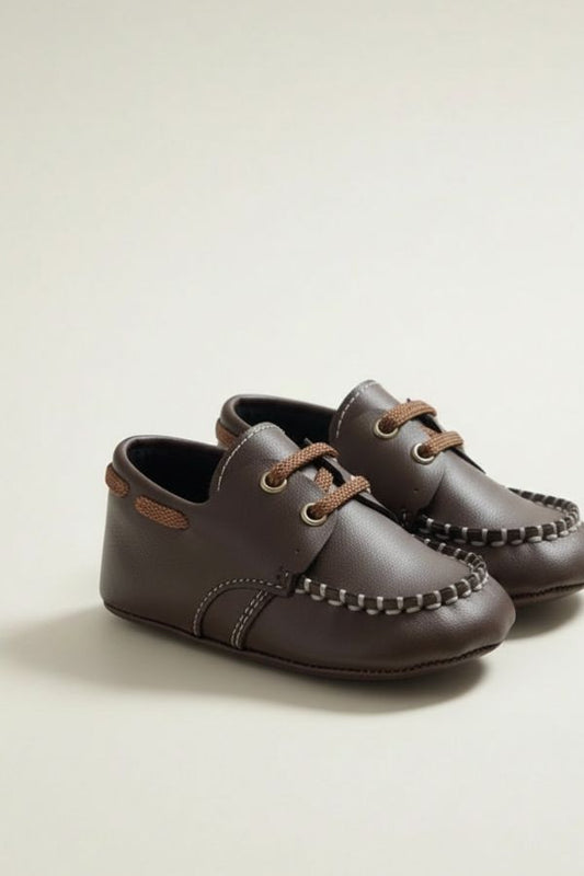 Suni Deri Bebek Ayakkabısı, Bağcıklı Kaymaz Taban