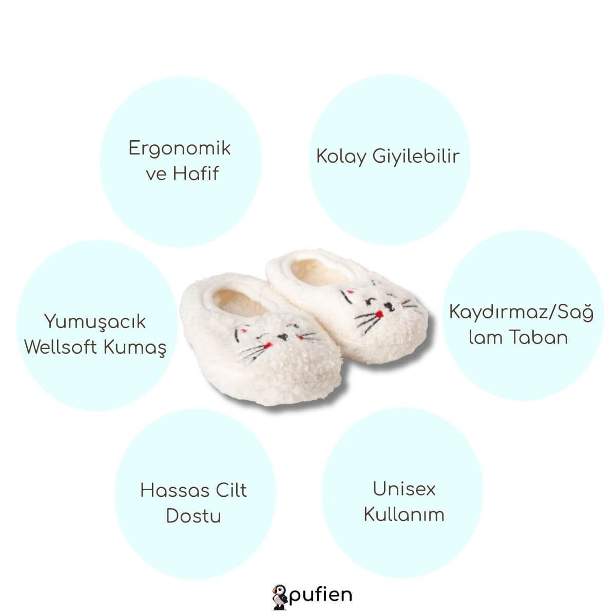 Kedi Desenli Wellsoft Peluş Ev Patiği - Pufien