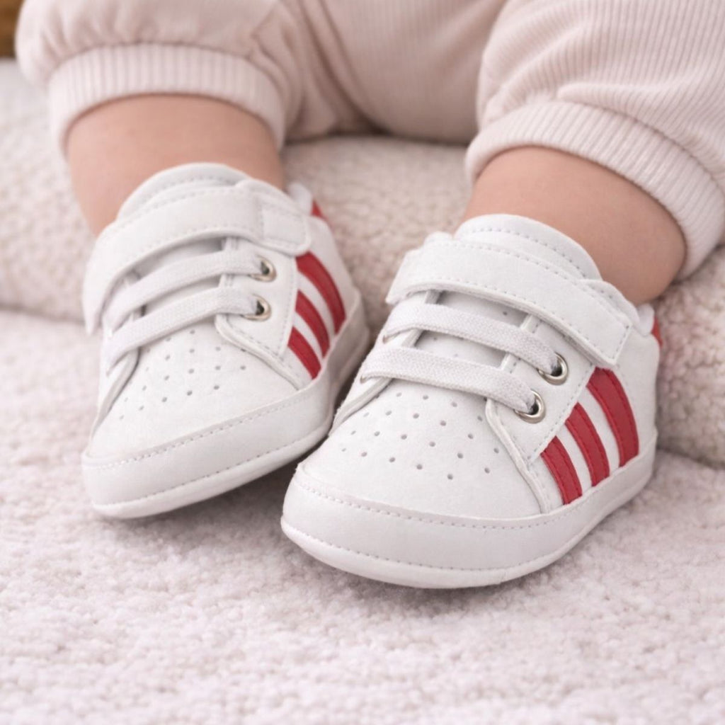 Kırmızı Beyaz Çizgili Cırt Cırtlı Bebek Spor Ayakkabı - Pufien
