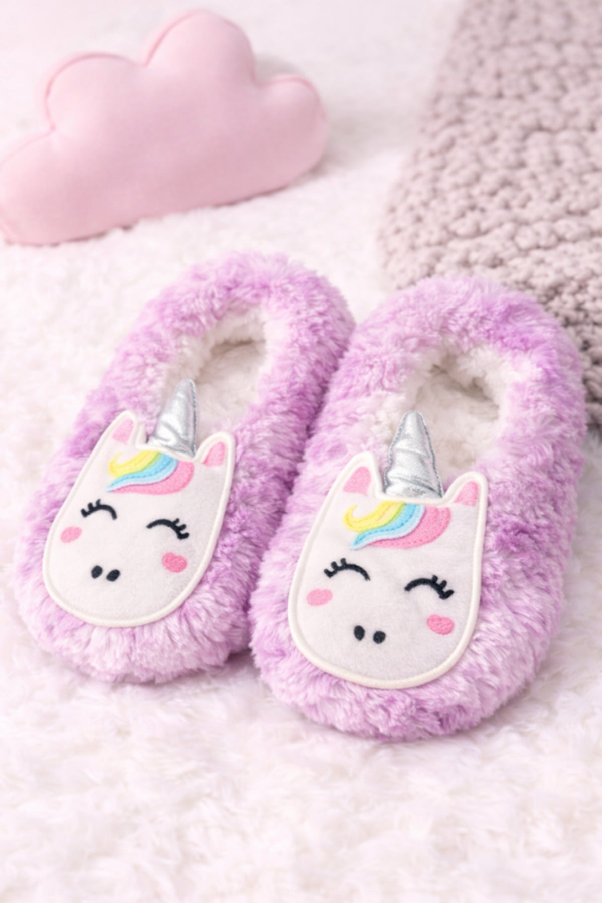 Lila Kız Çocuk Unicorn Desenli Kaymaz Tabanlı Ev Patiği - PufienPatik
