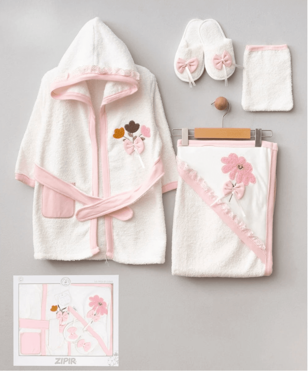Pembe Kız Bebek Bornoz Seti 100% Pamuk 12 Aylık - Pufien