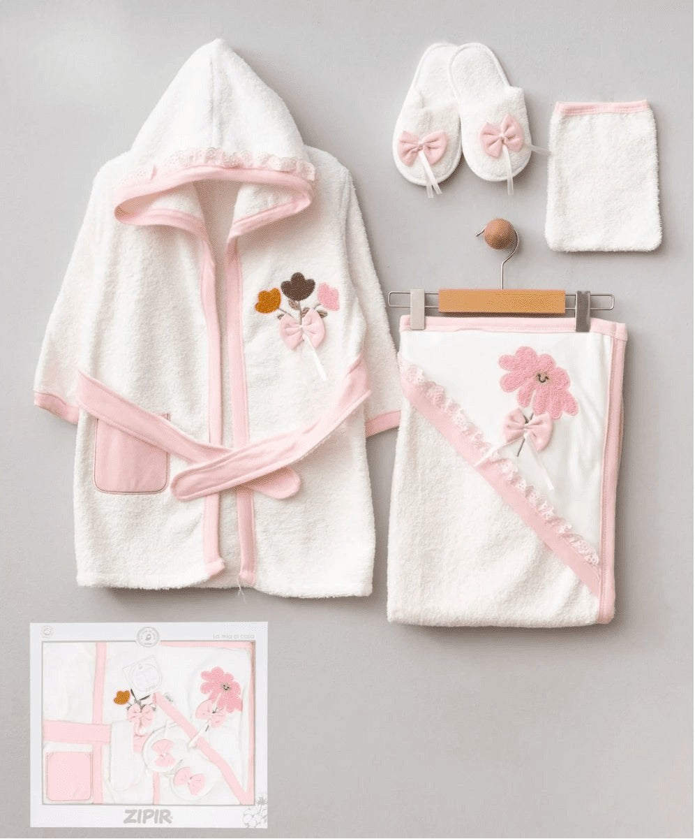 Pembe Kız Bebek Bornoz Seti 100% Pamuk 12 Aylık