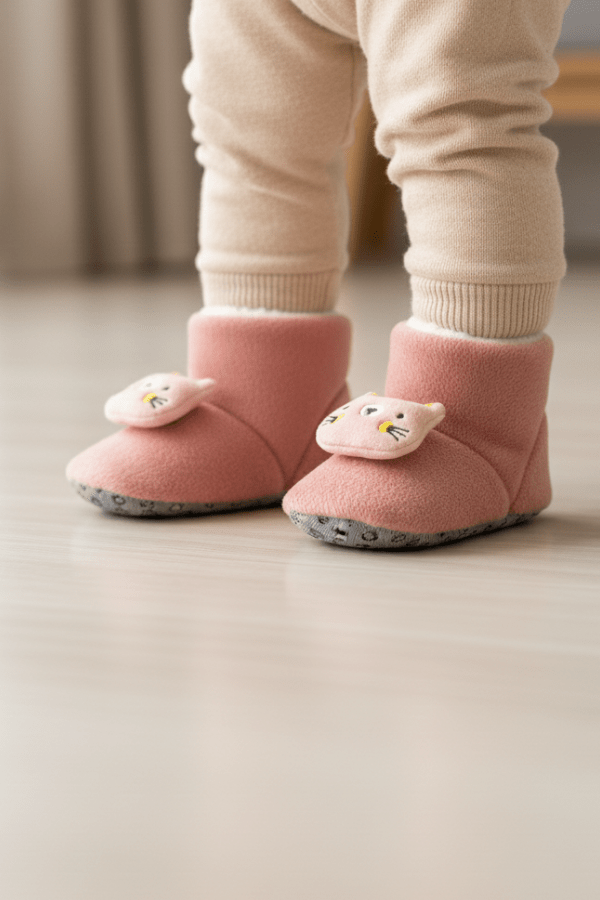 Pembe Zilli Ayıcık Detaylı Kaydırmaz Bebek Ev Botu - Pufien