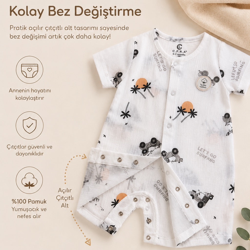 Yazlık Bebek Barbatöz Tulum Safari Desenli 0-9 Ay