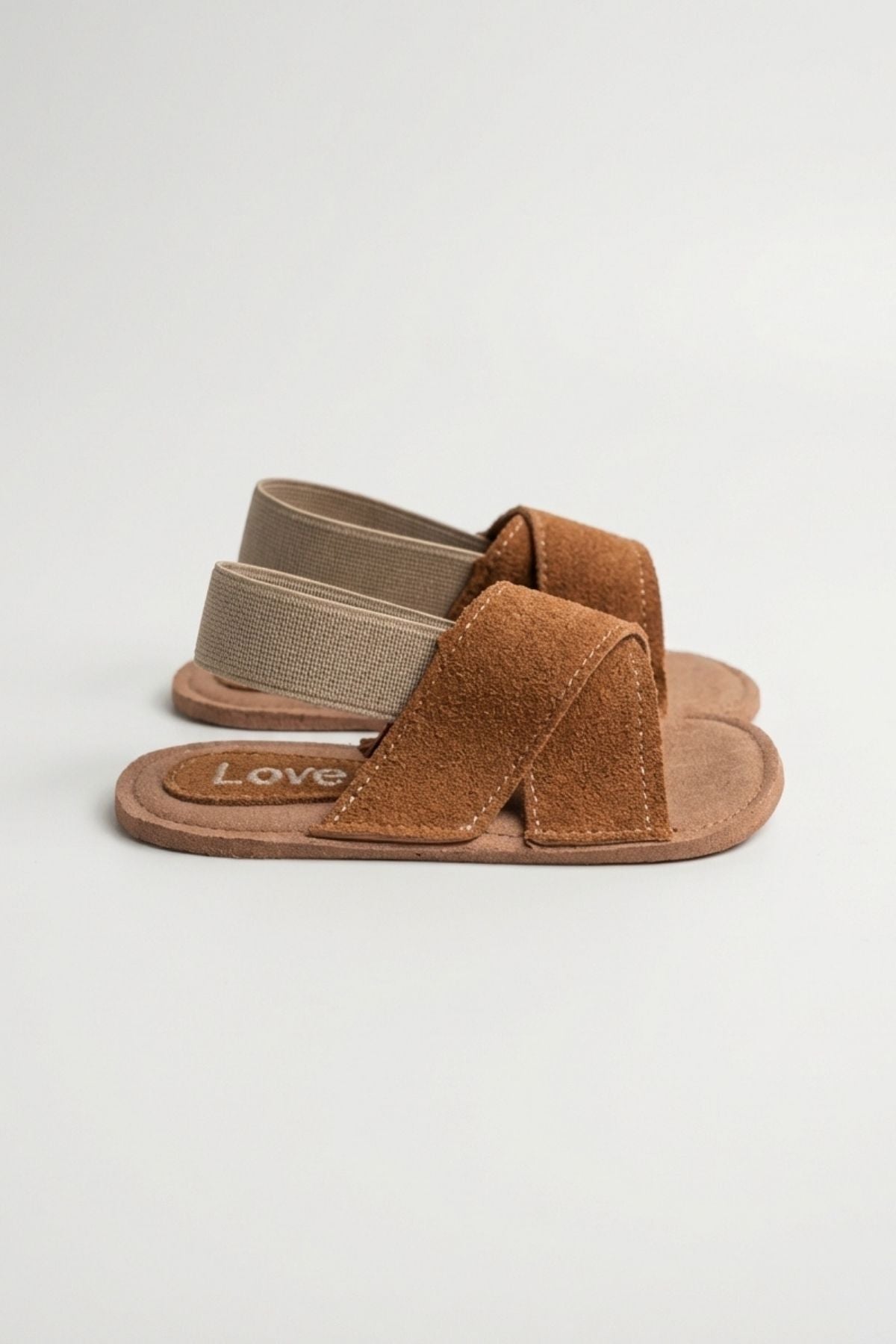 Süet Çapraz Bantlı Bebek Terlik Unisex Sandalet — Taba