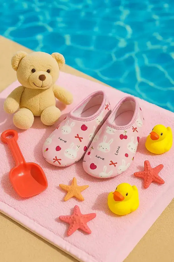 Tavşan desenli çocuk deniz ve havuz patiği - ikili görünüm