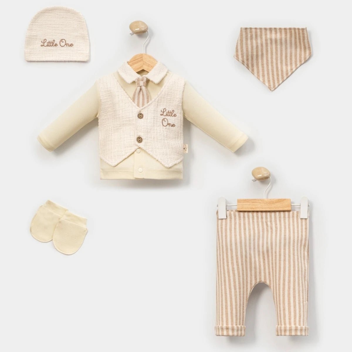 Yenidoğan Smokin, Erkek Bebek 5'li Set, Eldiven ve Önlüklü - Pufienpixa