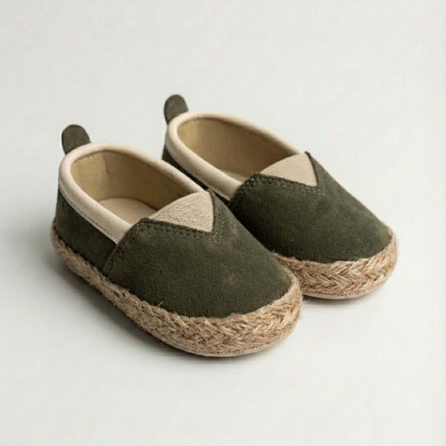 haki süet hasır tabanlı bebek espadril unisex önden görünüm